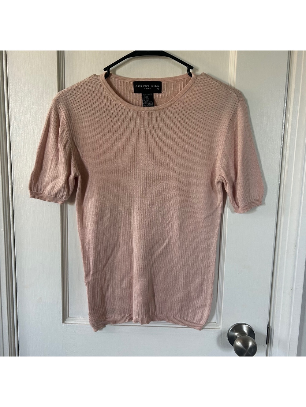 August Silk 100% Silk Knit Top Blush Pink Short Sleeve Sweater Size M - Picture 2 of 5